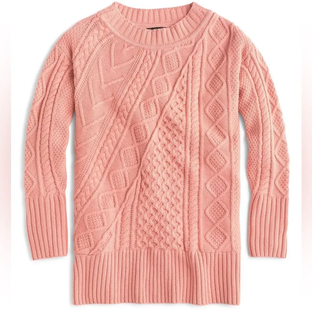 J. Crew Patchwork Cable Knit Wool Blend Pink Tunic Sweater Heather Dusk. XXS.